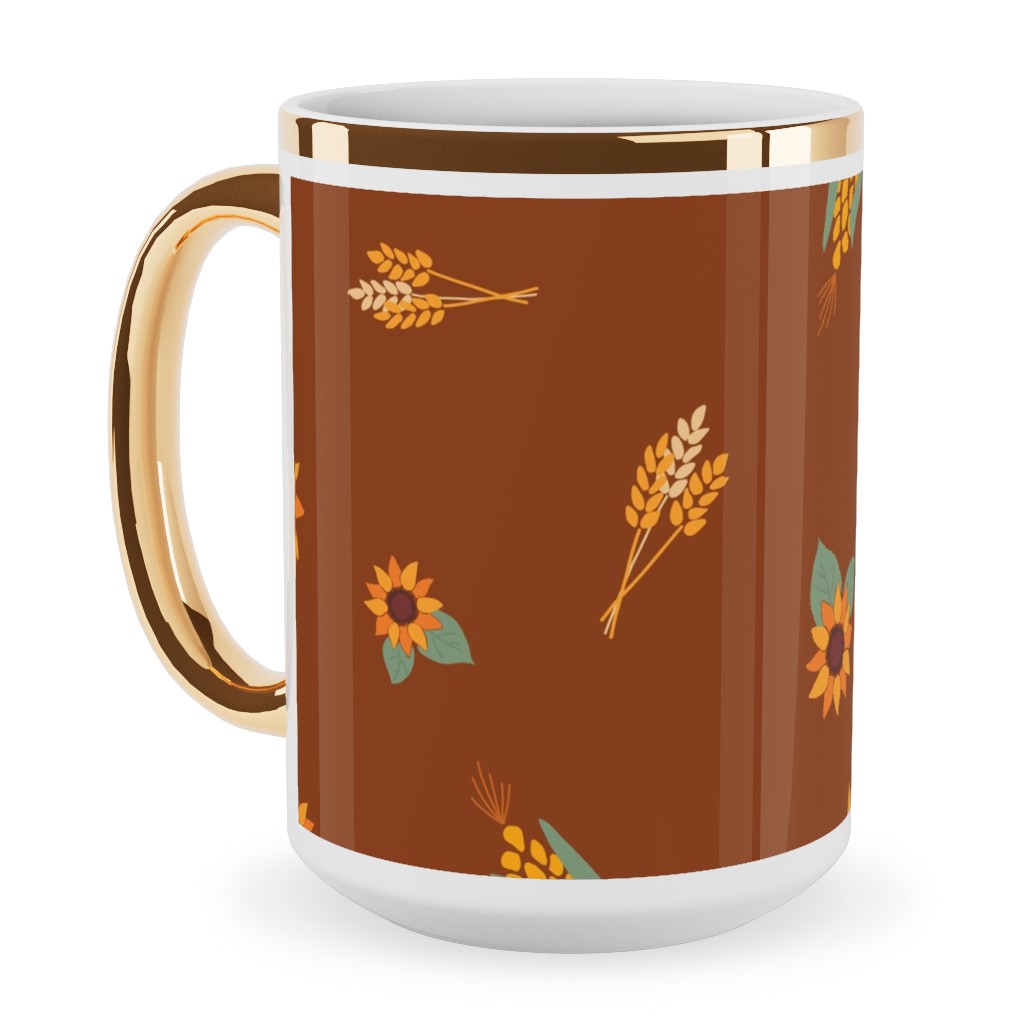 Corn & Sunflowers Ceramic Mug, Gold Handle,  , 15oz, Brown