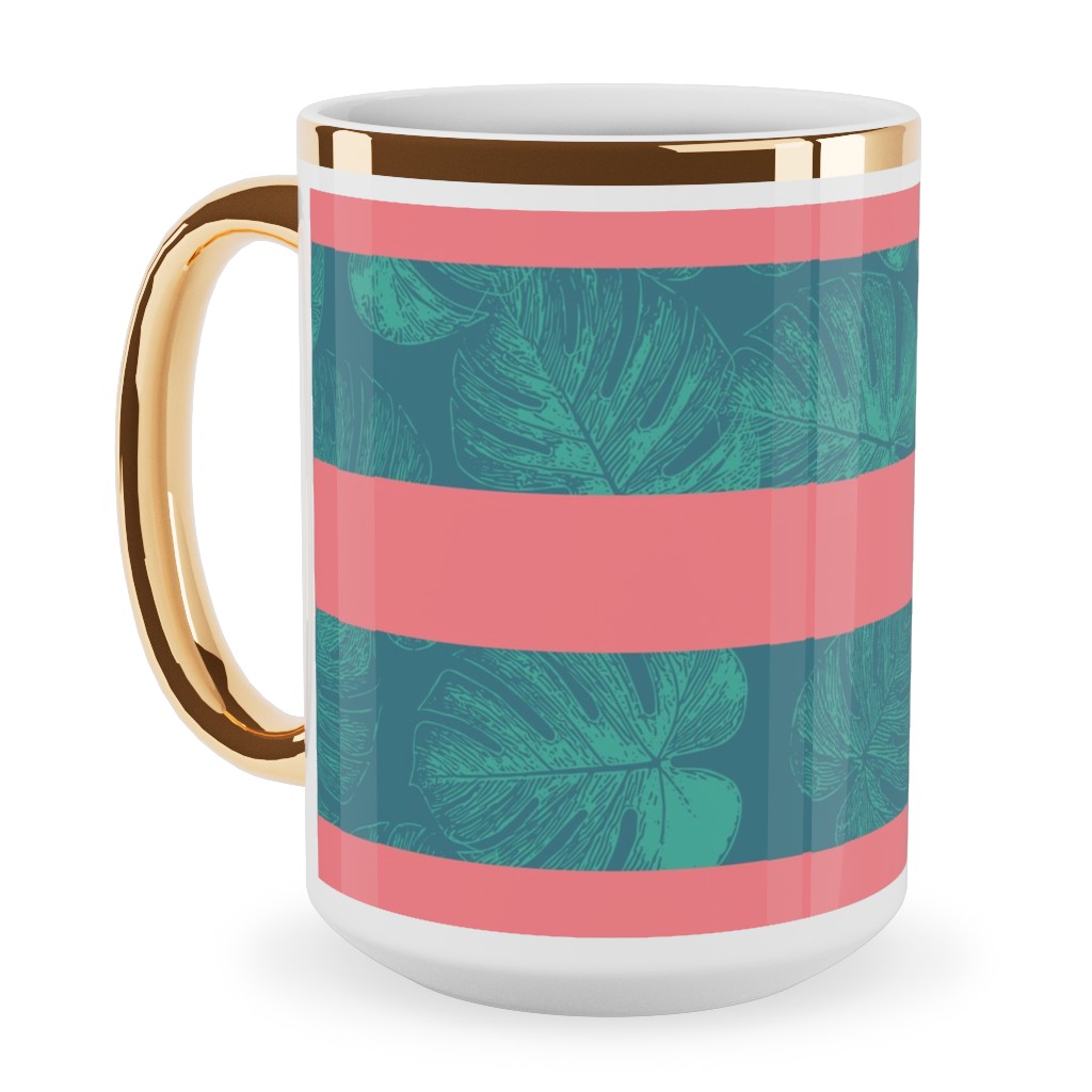 Monstera Leaf Stripes Ceramic Mug, Gold Handle, , 15oz, Green, Classic Green