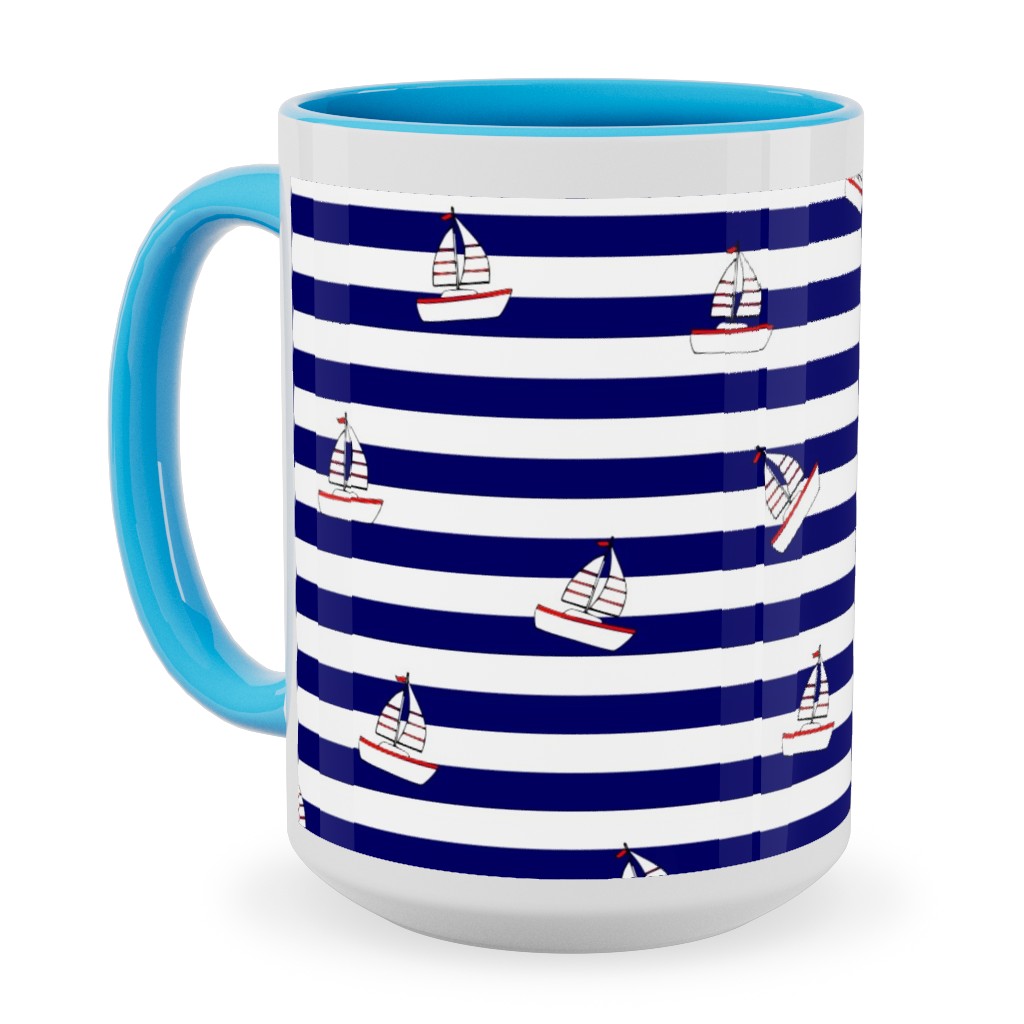 Sea and Boats Stripes - Blue Ceramic Mug, Light Blue, , 15oz, Blue, True Blue