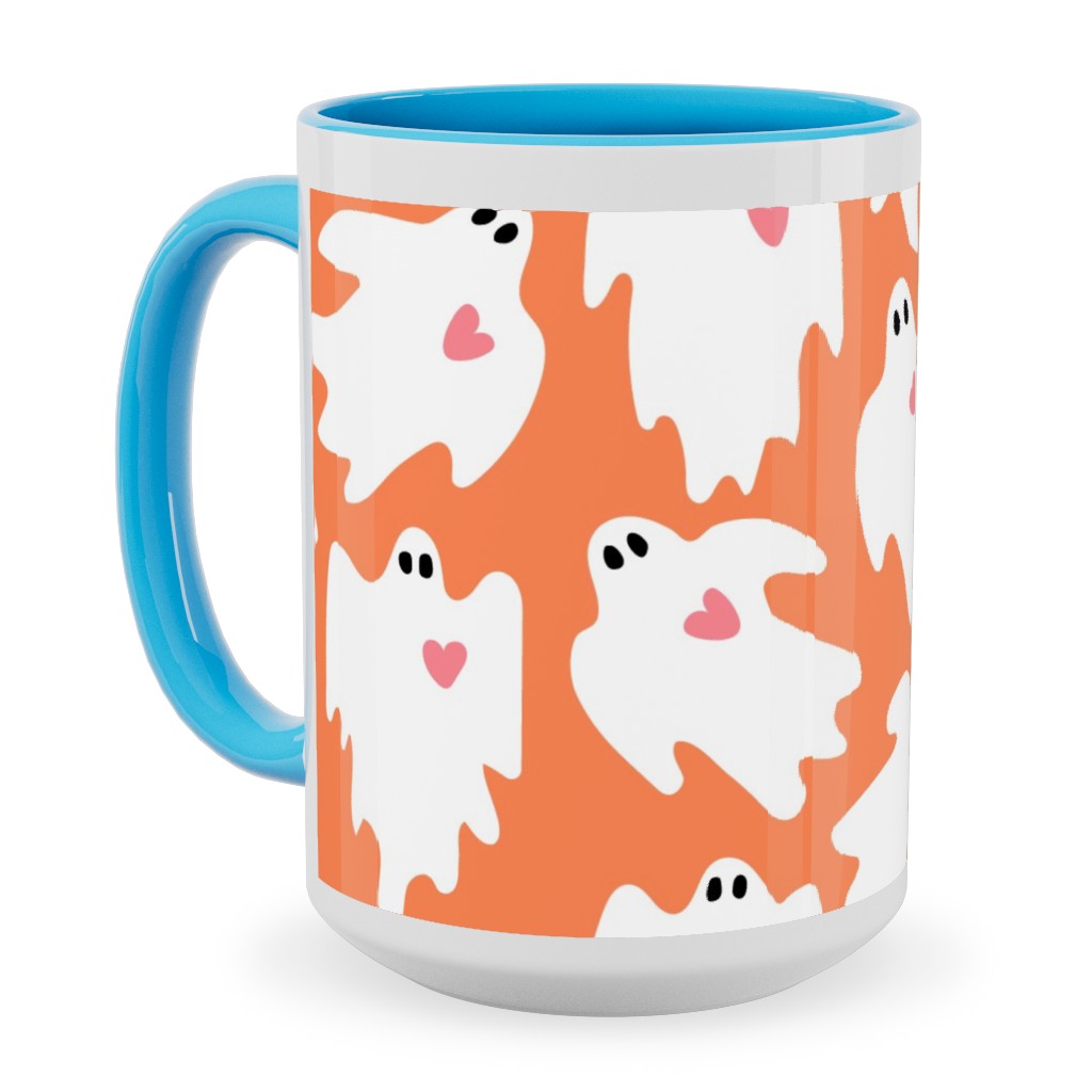 Halloween Ghosts With Hearts - Orange Ceramic Mug, Light Blue,  , 15oz, Orange