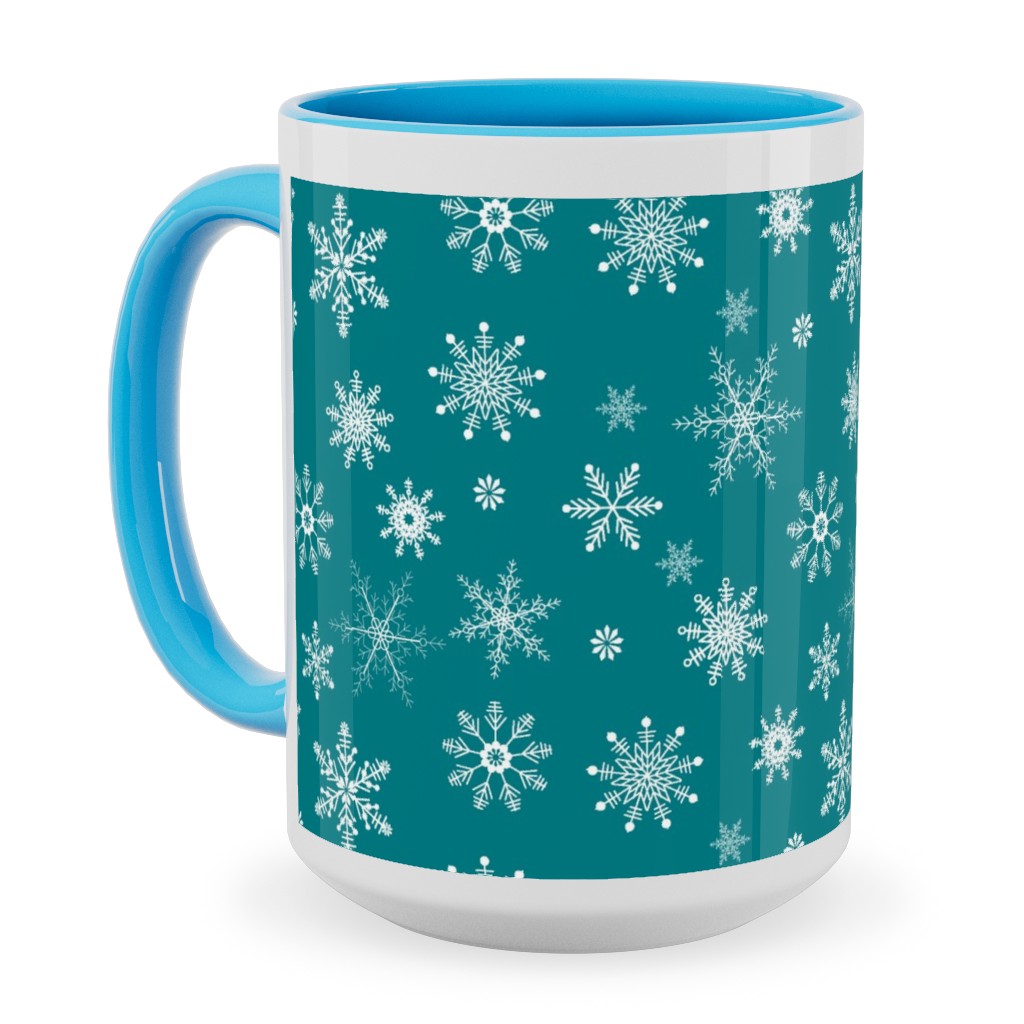 Snowflakes on Emerald Ceramic Mug, Light Blue,  , 15oz, Green