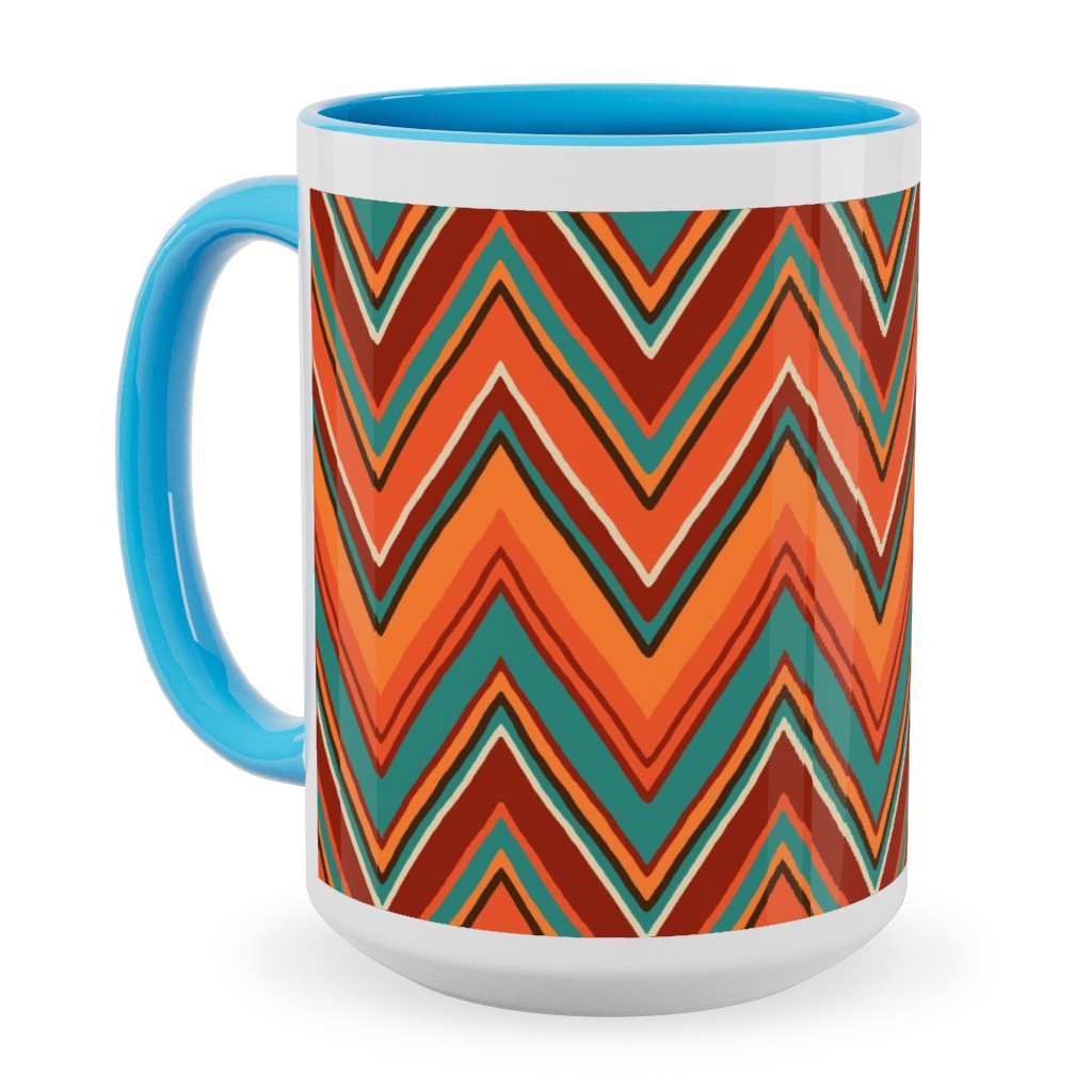 Fall Crazy Chevron - Orange and Teal Ceramic Mug, Light Blue,  , 15oz, Orange