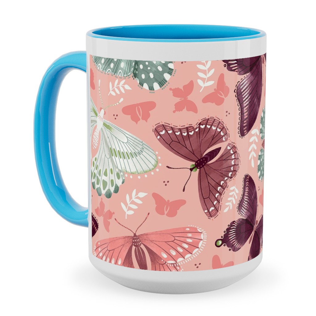 Romantic Butterflies - Pink Ceramic Mug, Light Blue, , 15oz, Pink, Bright Pink