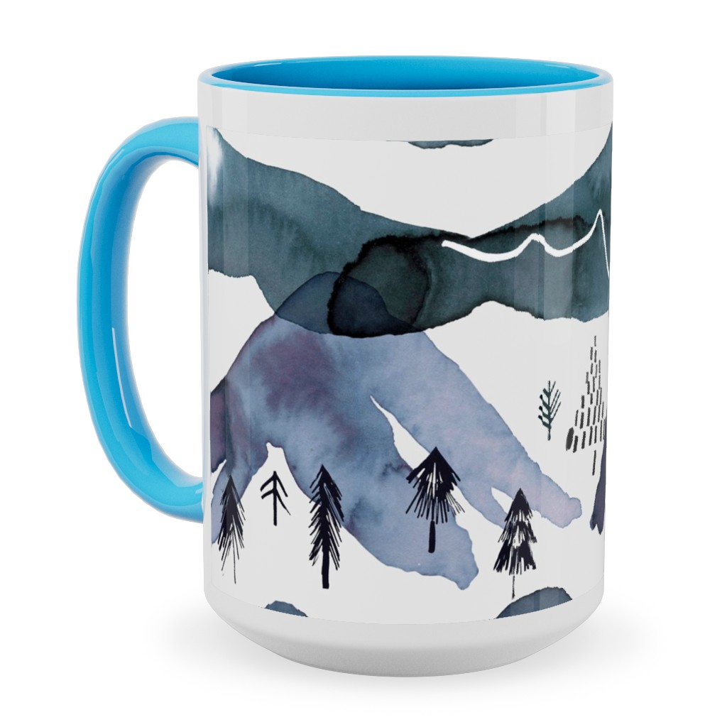 Watercolor Mountains Landscape - Blue Ceramic Mug, Light Blue,  , 15oz, Blue