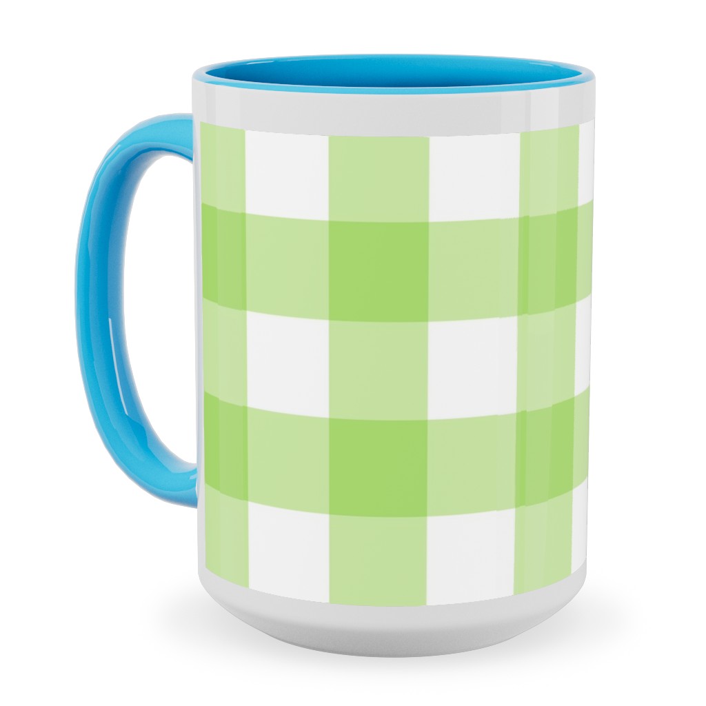 Gingham Checks Ceramic Mug, Light Blue, , 15oz, Green, Pear