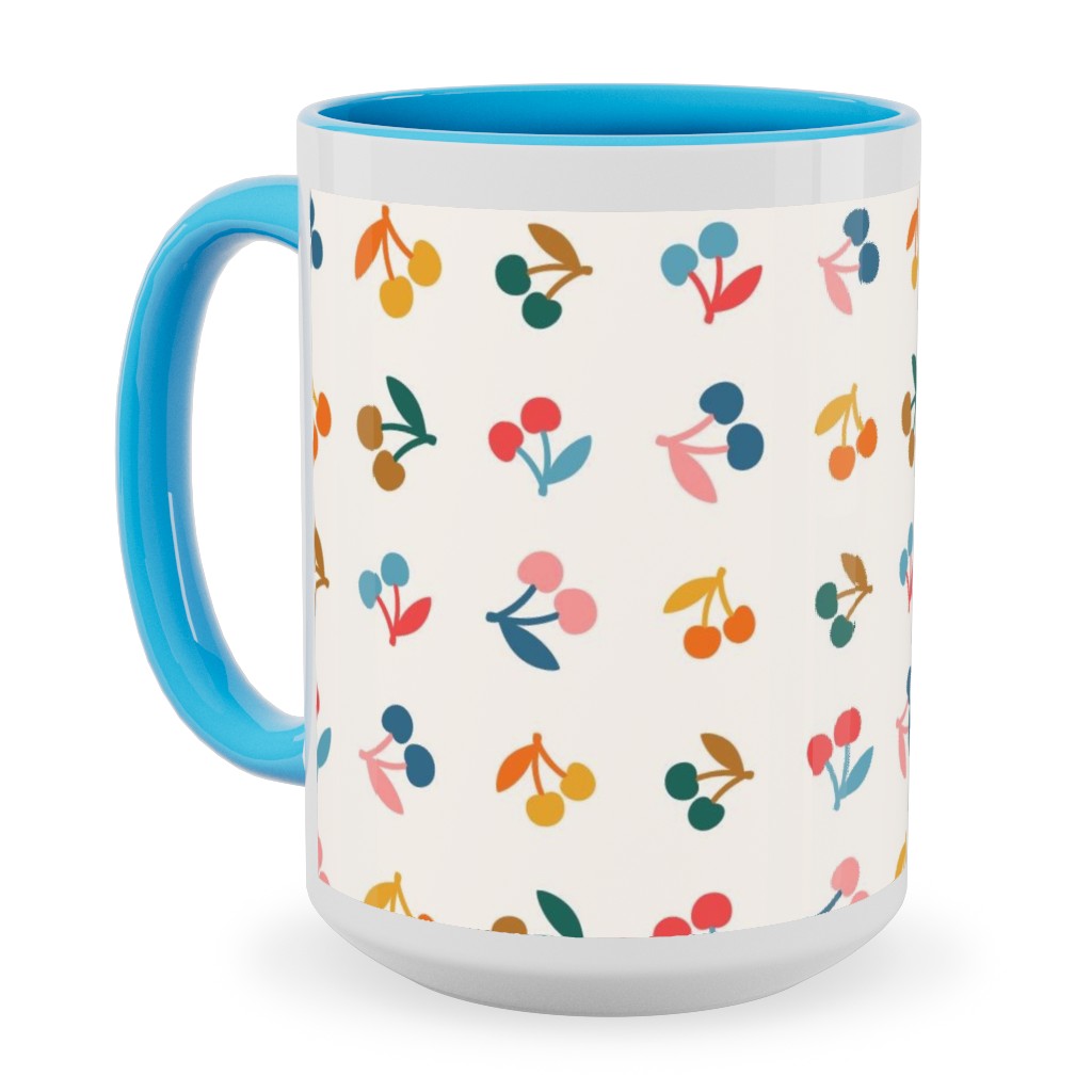 Colored Cherries - Earthy Ceramic Mug, Light Blue,  , 15oz, Beige