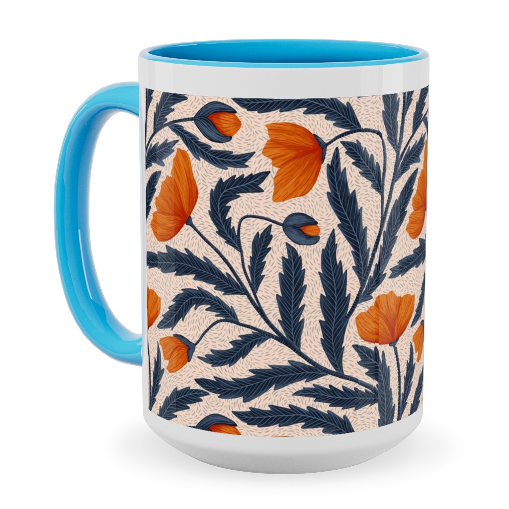 Poppy Flower - Blue and Orange Ceramic Mug, Light Blue, , 15oz, Blue, True Blue