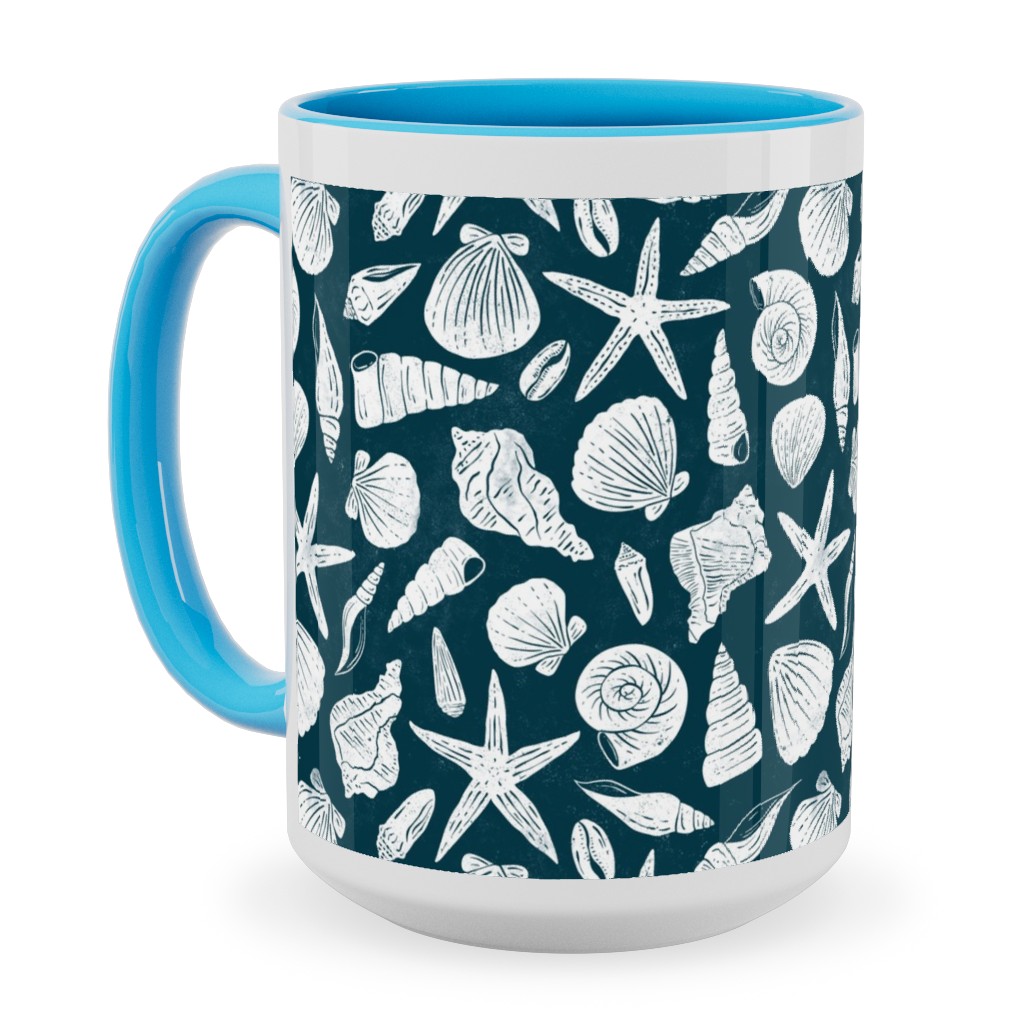Textured Ocean Seashells - Dark Blue and Cream Ceramic Mug, Light Blue,  , 15oz, Blue
