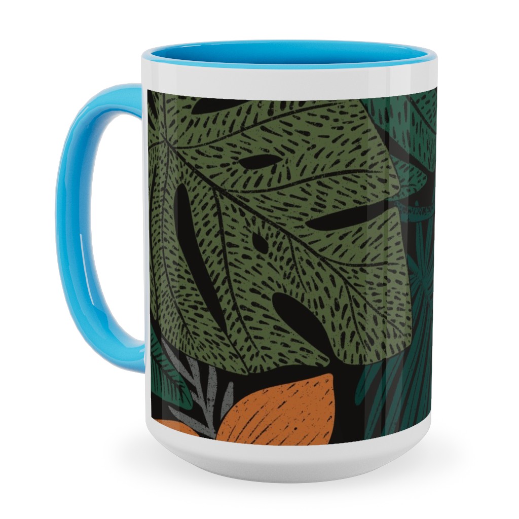 Moody Tropical Floral - Orange on Black Ceramic Mug, Light Blue,  , 15oz, Green