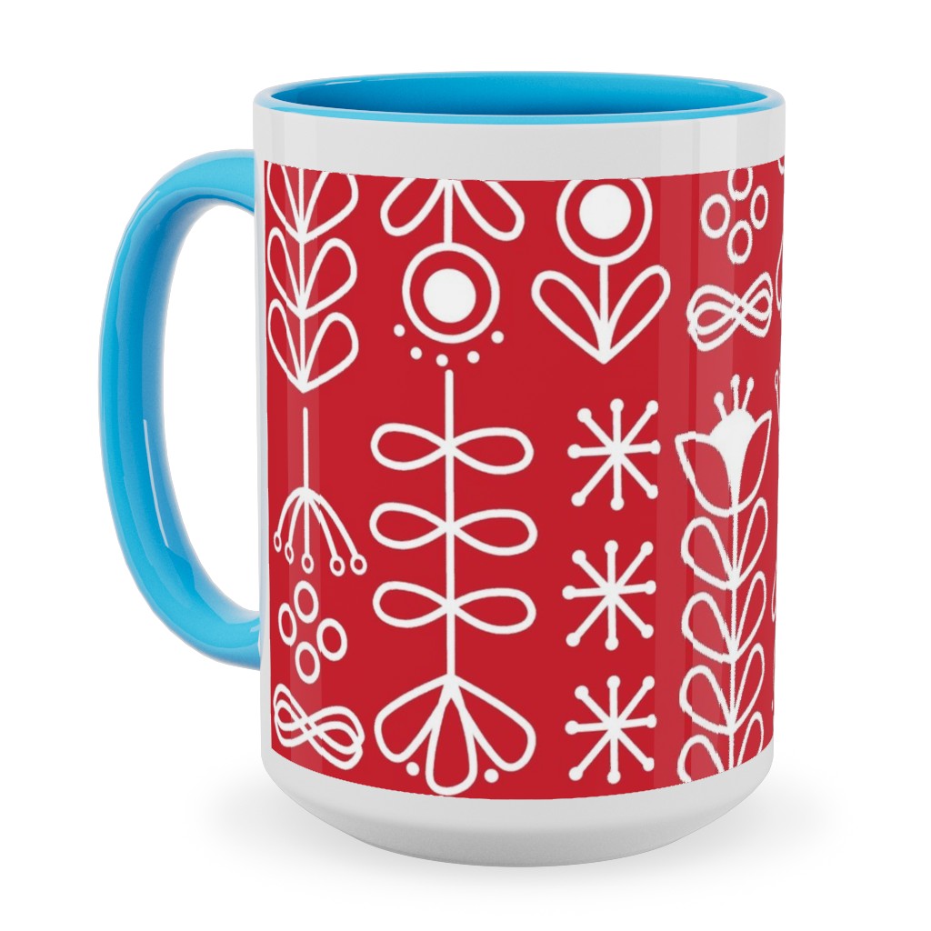 Red and White Nordic Mod Floral Ceramic Mug, Light Blue,  , 15oz, Red