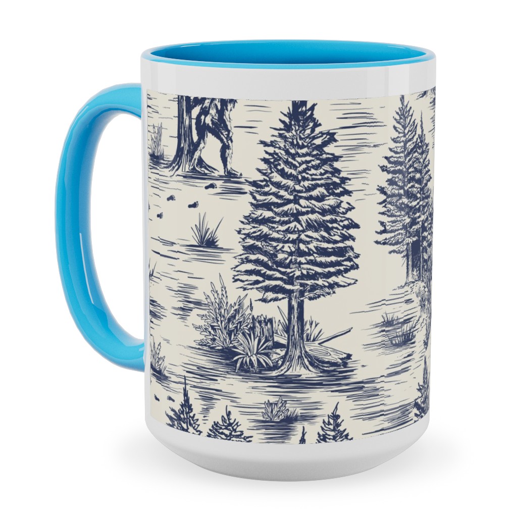 Bigfoot / Sasquatch Toile De Jouy - Blue Ceramic Mug, Light Blue, , 15oz, Blue, True Blue