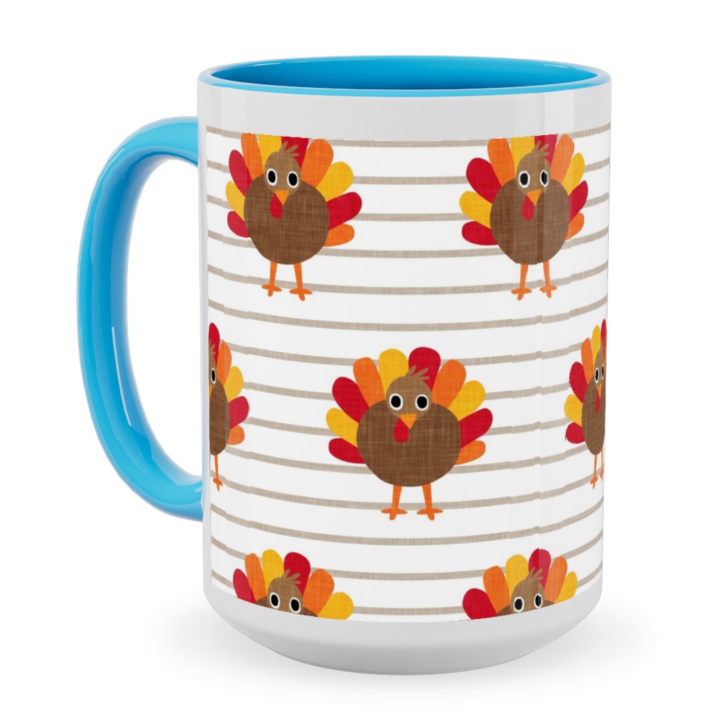 Cute Thanksgiving Turkey - on Khaki Stripes Ceramic Mug, Light Blue,  , 15oz, Orange