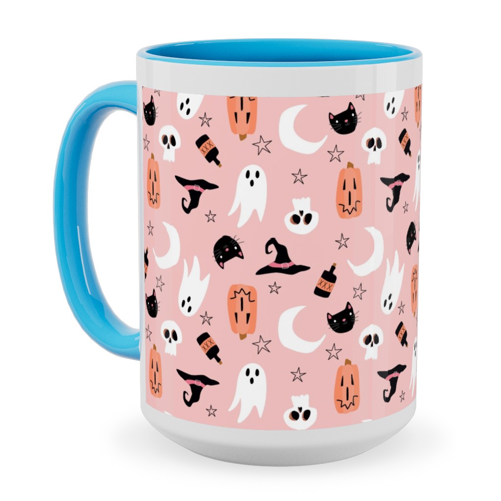 Sweet Halloween - Pumpkin, Witch, Ghost, & Cat - Pink Ceramic Mug, Light Blue,  , 15oz, Pink