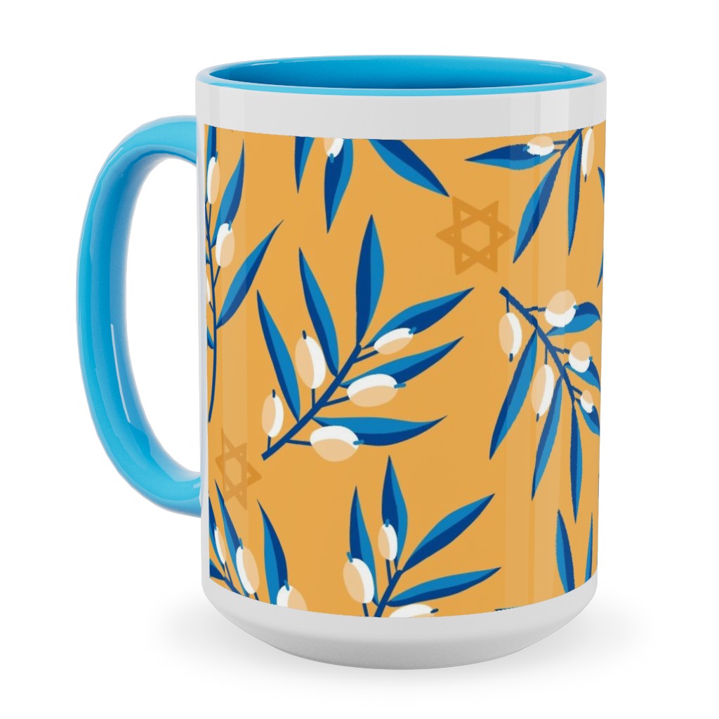 Olive Branches Hanukkah - Blue on Yellow Ceramic Mug, Light Blue, , 15oz, Yellow, Classic Yellow