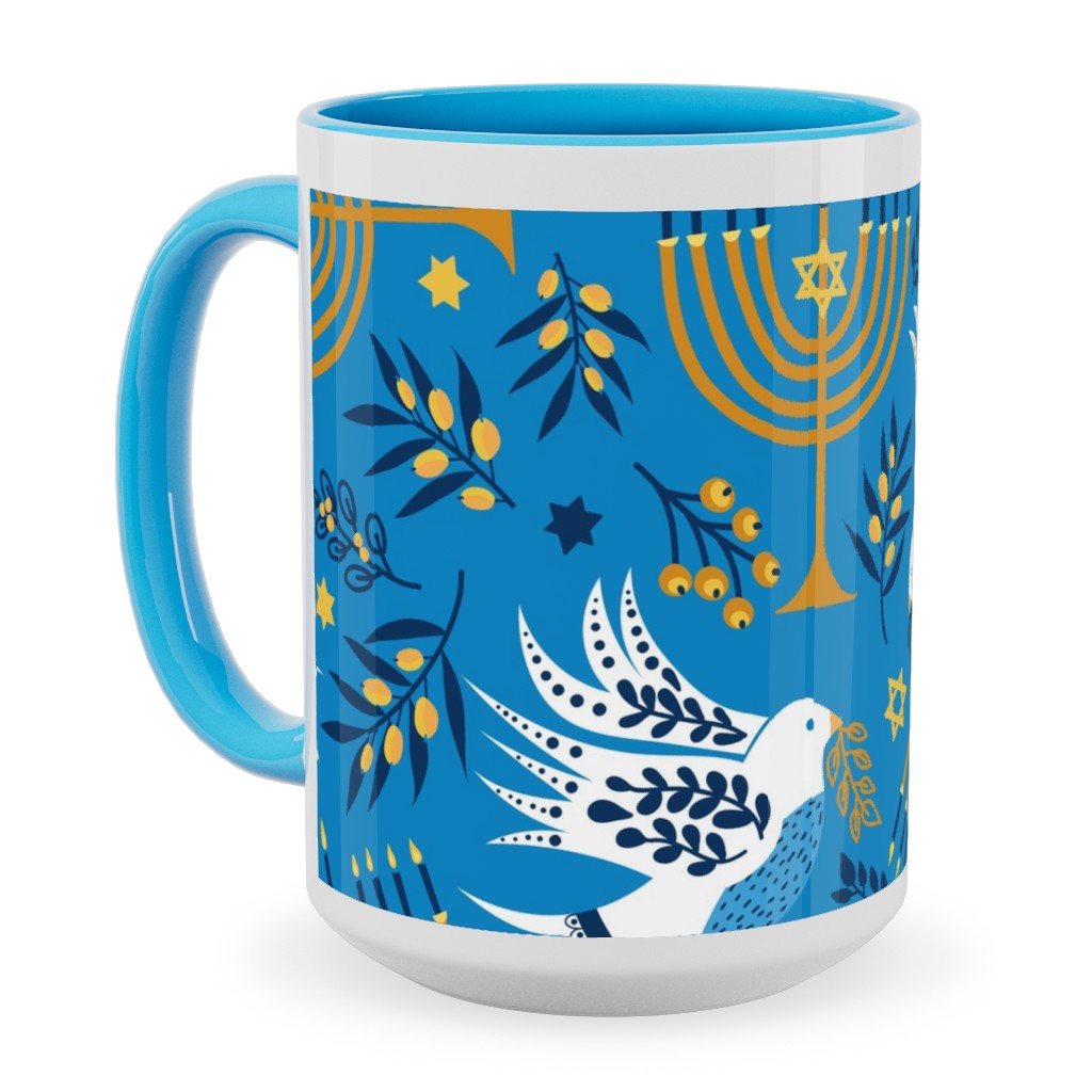 Hanukkah Birds Menorahs - Light Blue Ceramic Mug, Light Blue, , 15oz, Blue, True Blue