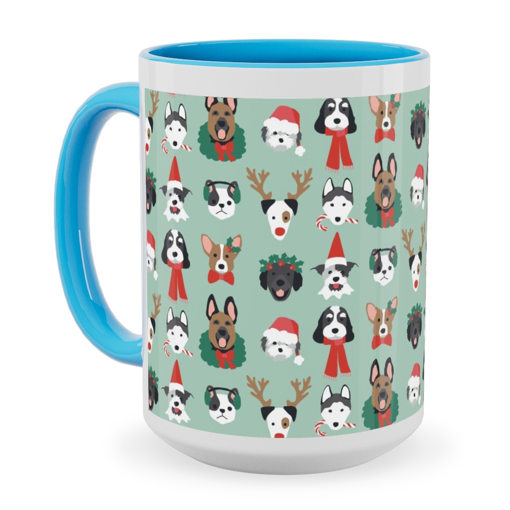 Christmas Holiday Puppy Dogs - Green Ceramic Mug, Light Blue, , 15oz, Green, Classic Green