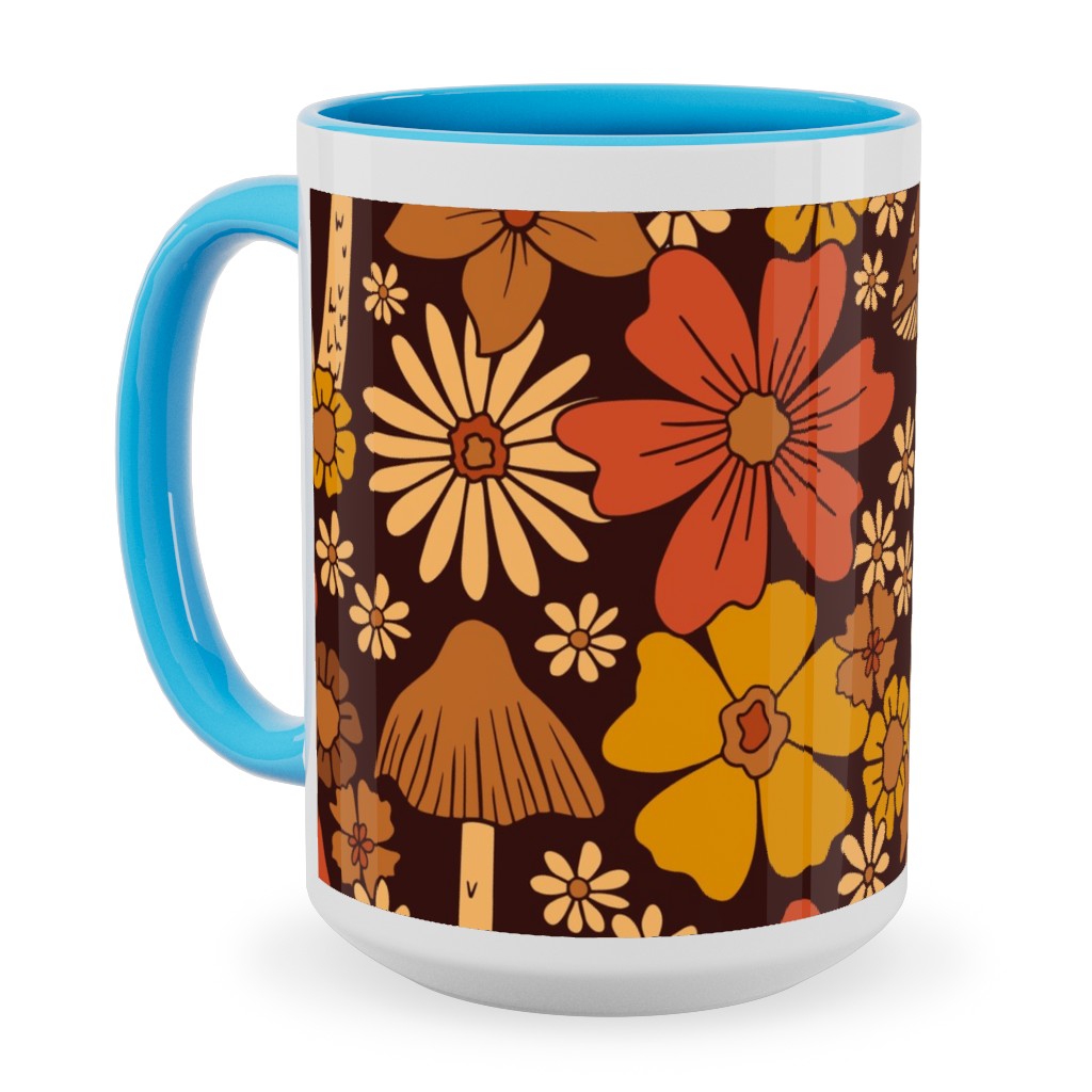 Retro 1970s Mushroom & Flowers - Brown and Orange Ceramic Mug, Light Blue,  , 15oz, Orange