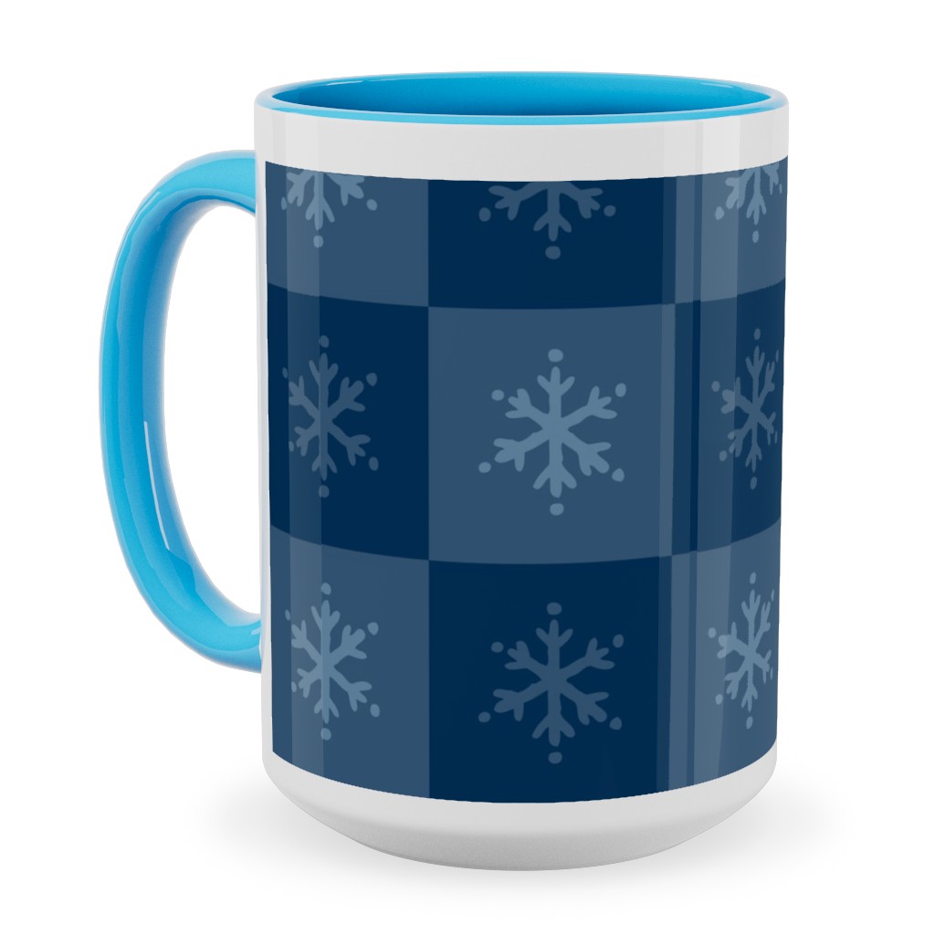 Scandi Cozy Winter Checkered Blue Snowflake Ceramic Mug, Light Blue,  , 15oz, Blue