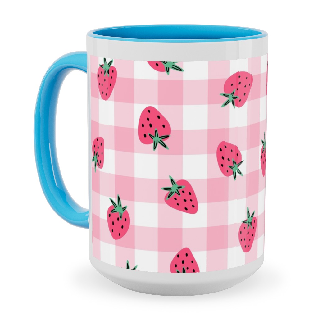 Summer Strawberry Gingham - Pink Ceramic Mug, Light Blue,  , 15oz, Pink