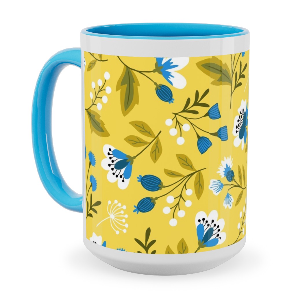 Colorful Spring Flowers - Blue on Yellow Ceramic Mug, Light Blue, , 15oz, Yellow, Classic Yellow
