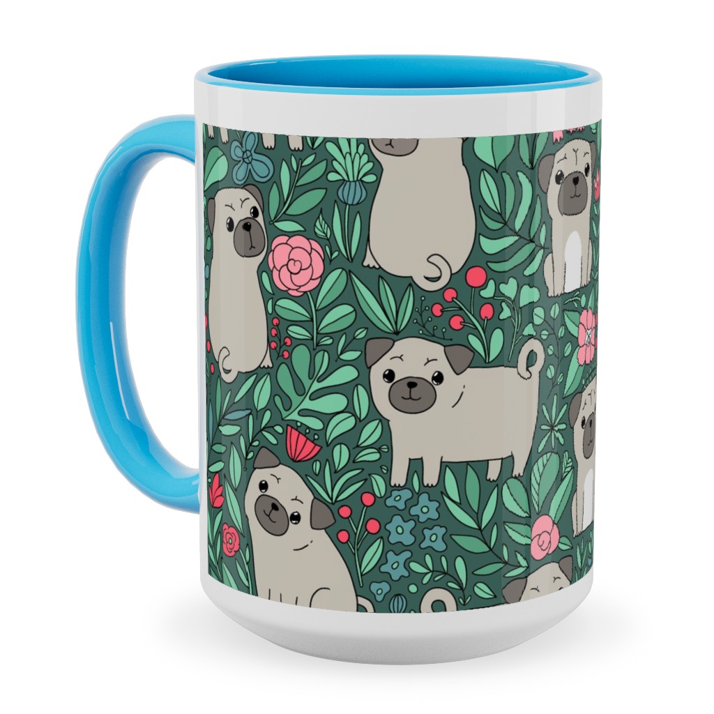 Cute Pugs and Flowers - Multicolor Ceramic Mug, Light Blue,  , 15oz, Green