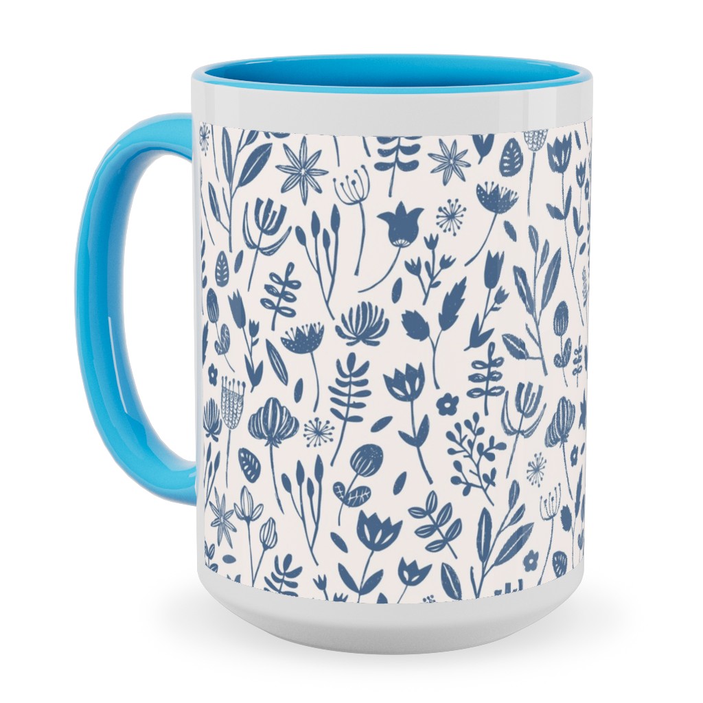 Folk Botanical Print - Blue Ceramic Mug, Light Blue, , 15oz, Blue, True Blue