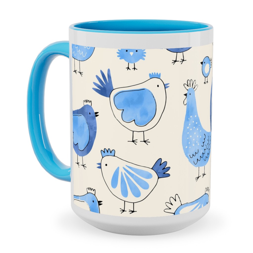 Chicken and Rooster - Watercolor - Blue on Creme Ceramic Mug, Light Blue, , 15oz, Blue, True Blue