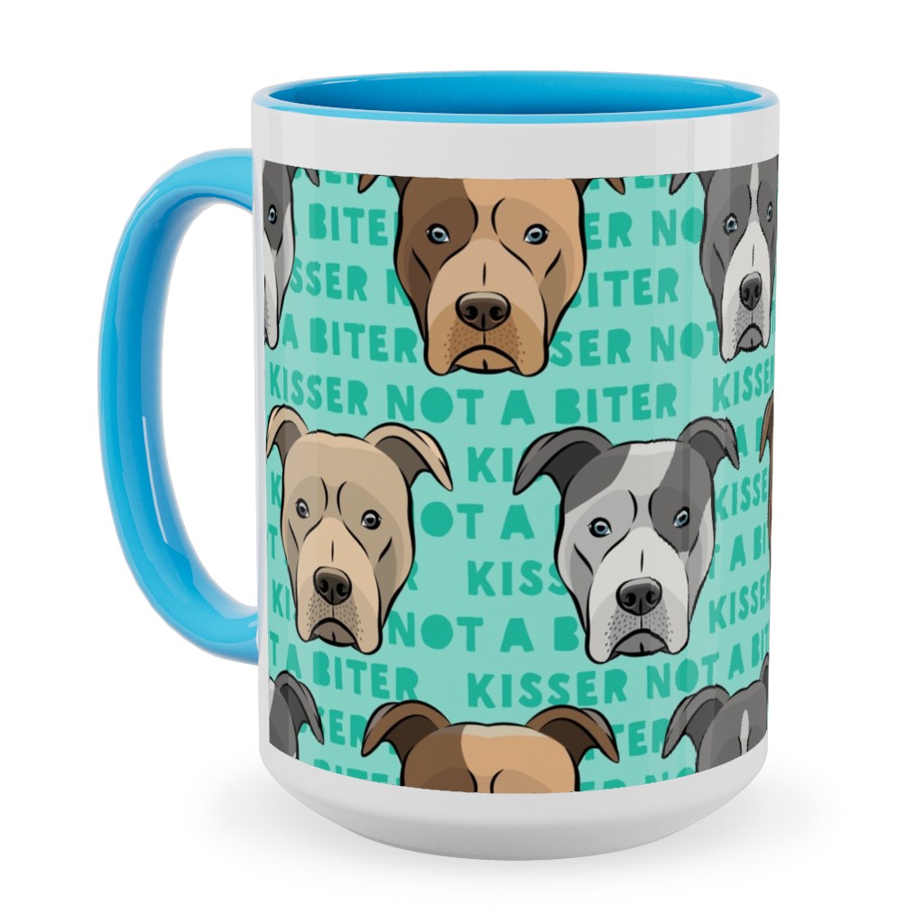 Kisser Not a Biter - Pit Bulls - Green Ceramic Mug, Light Blue,  , 15oz, Blue