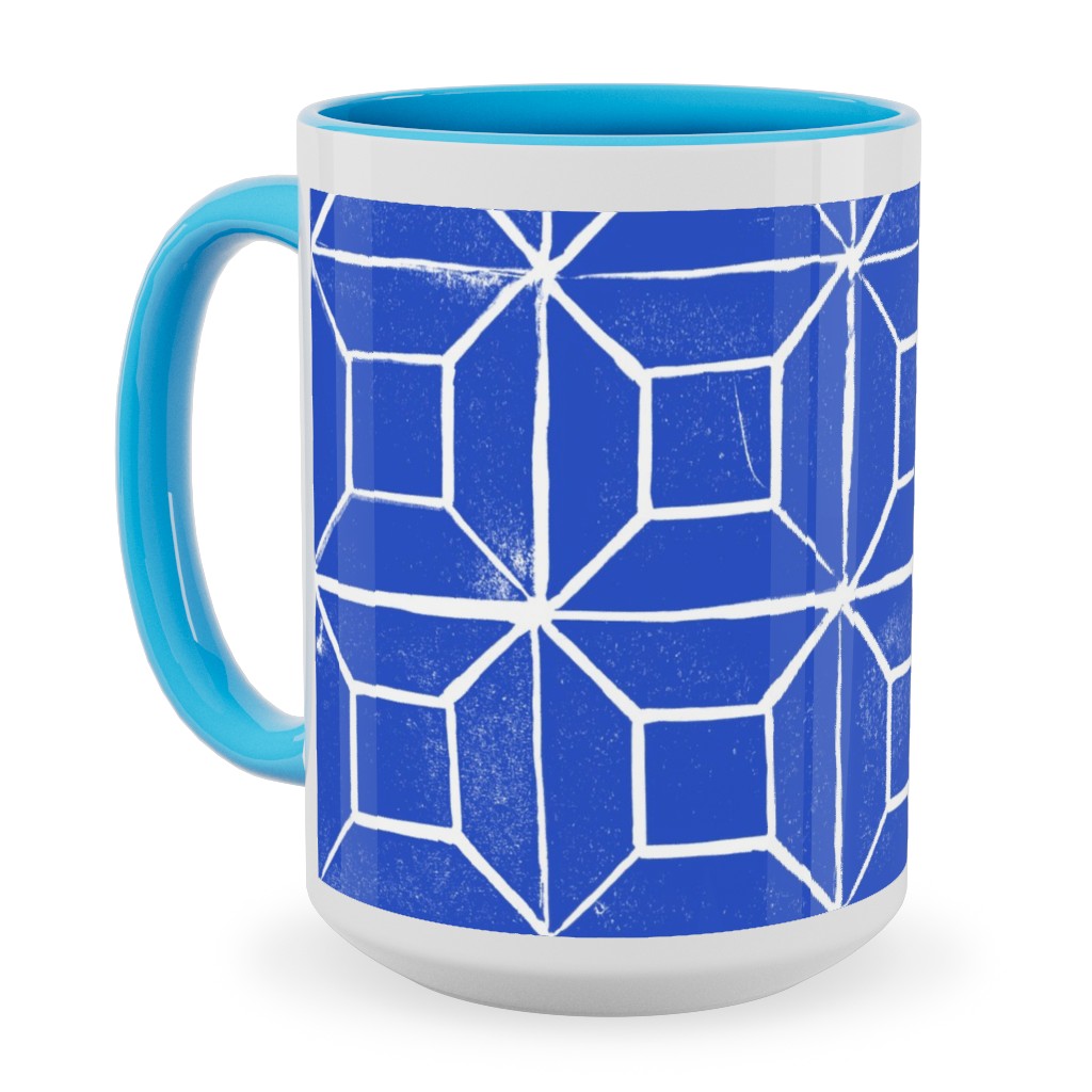 Geometric Lino - Cobalt Ceramic Mug, Light Blue,  , 15oz, Blue