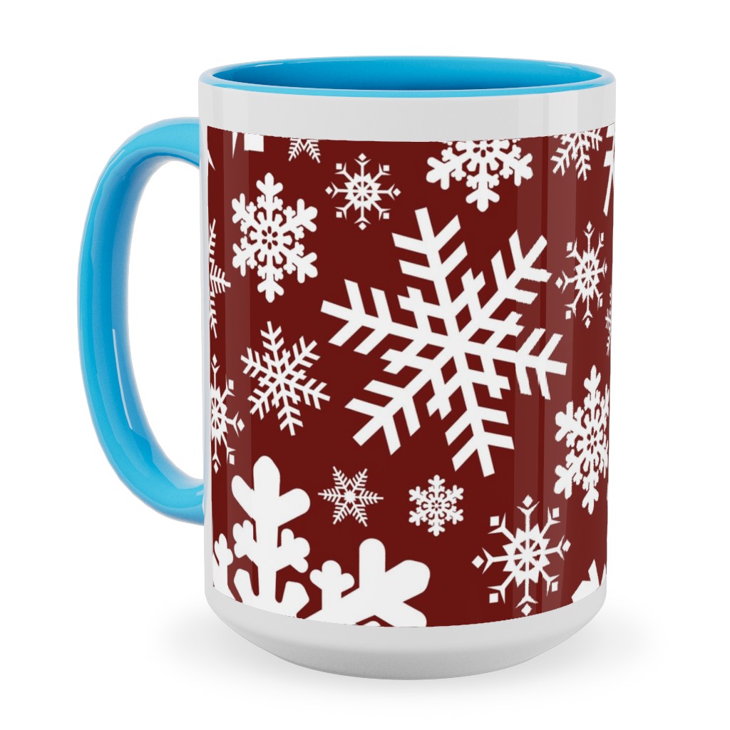 Christmas White Snowflakes on Red Background Ceramic Mug, Light Blue, , 15oz, Red, Red