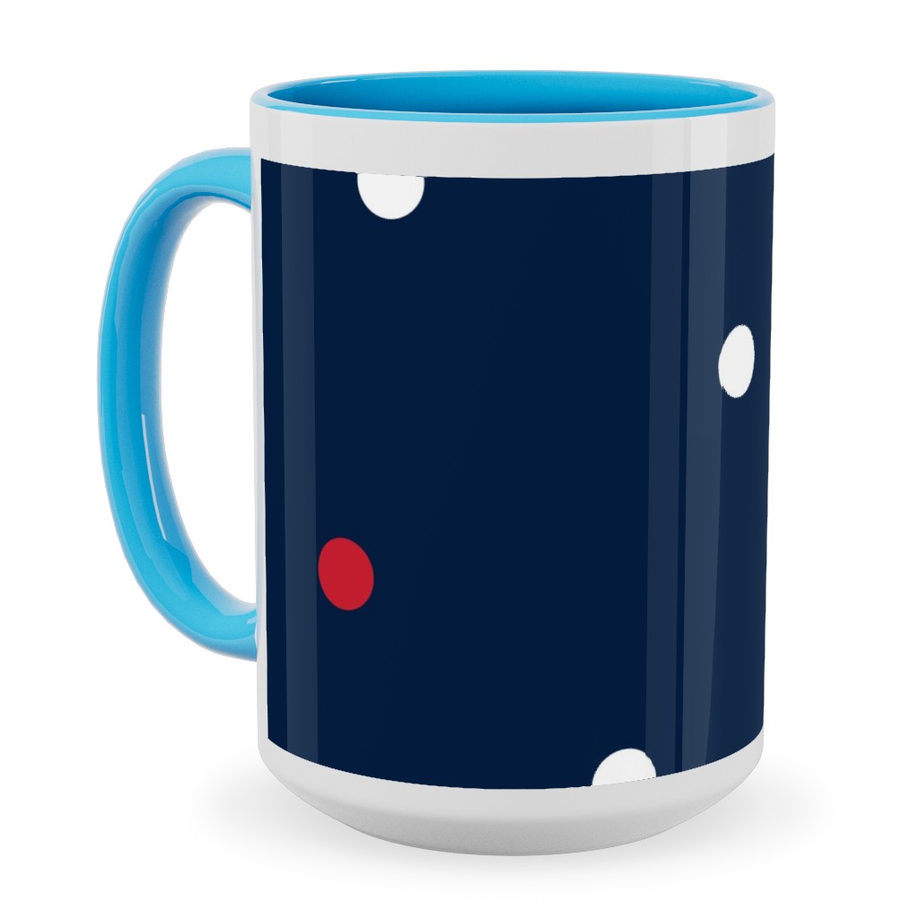 Mixed Polka Dots - Red White and Royal on Navy Blue Ceramic Mug, Light Blue, , 15oz, Blue, True Blue