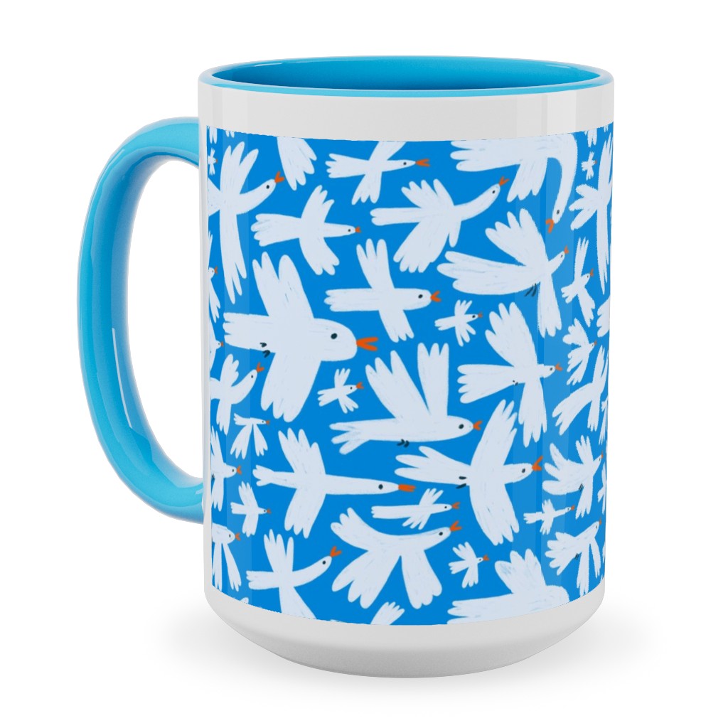 Birds - White on Blue Ceramic Mug, Light Blue, , 15oz, Blue, True Blue