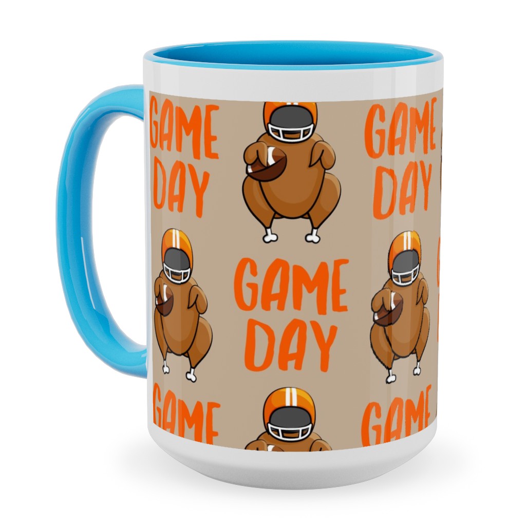 Game Day Turkey With Football - Tan Ceramic Mug, Light Blue,  , 15oz, Beige