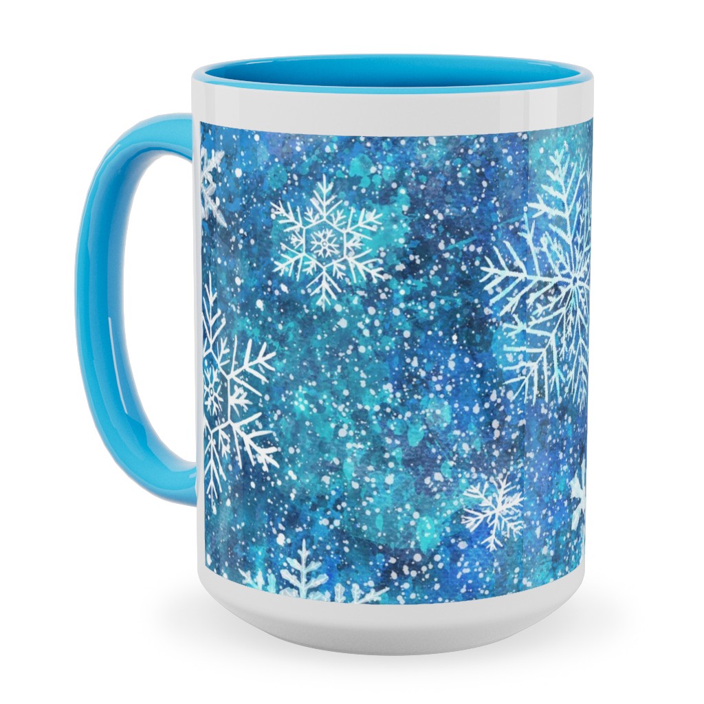 Whinsical Snowflakes Handpainted With Watercolors - Blue Ceramic Mug, Light Blue, , 15oz, Blue, True Blue