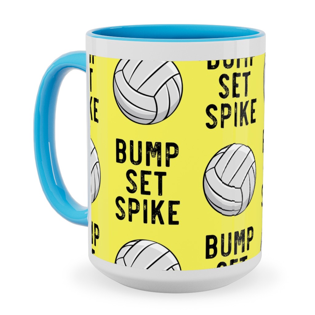 Bump Set Spike Volleyball Ceramic Mug, Light Blue,  , 15oz, Yellow