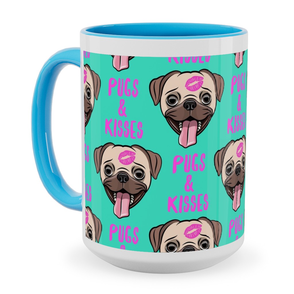 Pugs & Kisses - Cute Pug Dog - Teal Ceramic Mug, Light Blue,  , 15oz, Green