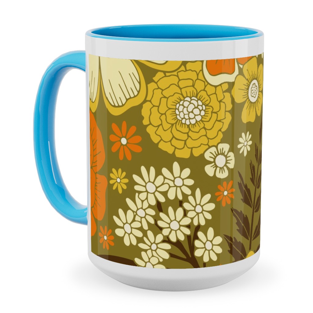 1970s Retro/Vintage Floral - Yellow and Brown Ceramic Mug, Light Blue, , 15oz, Yellow, Classic Yellow