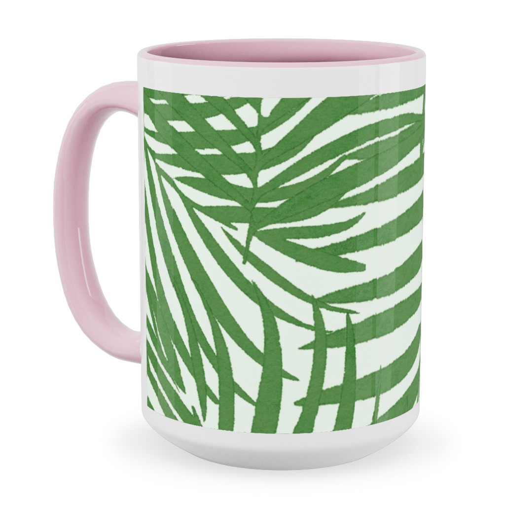 Watercolor Fronds - Green Ceramic Mug, Pink, , 15oz, Green, Classic Green