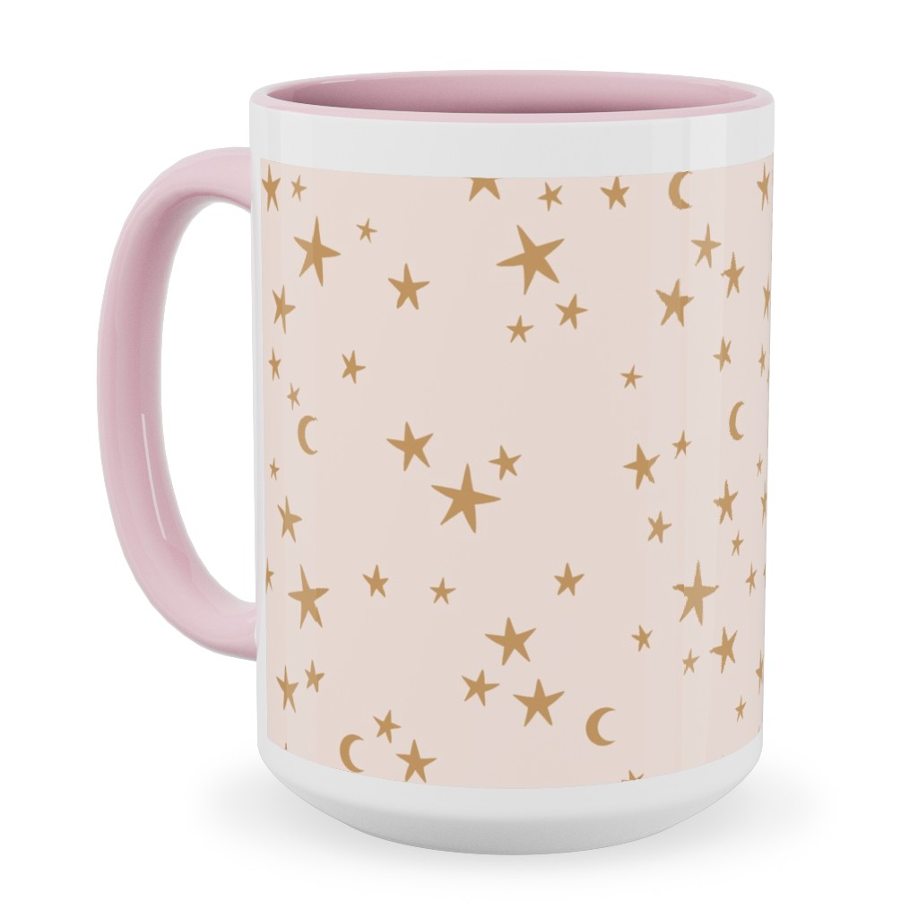 Stars & Moon - Starry Night Universe - Beige and Brown Ceramic Mug, Pink,  , 15oz, Pink