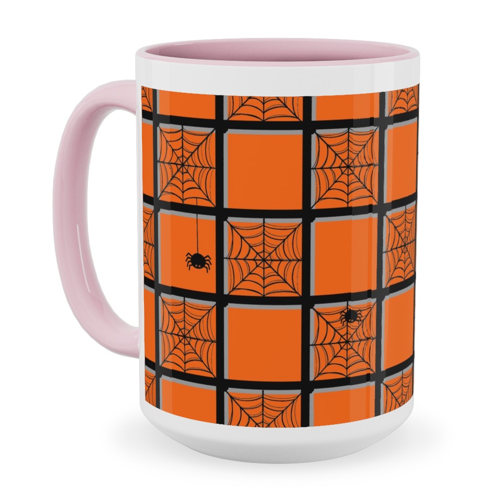 Orange Plaid Spider Webs Ceramic Mug, Pink, , 15oz, Orange, Orange