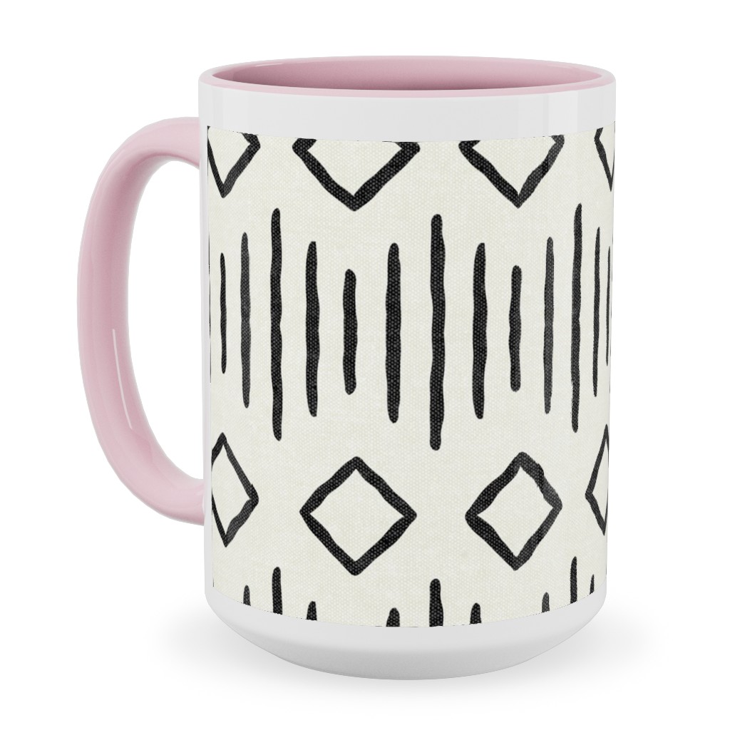 Diamond Fall - Mud Cloth - Onyx on Bone - Mudcloth Farmhouse Tribal - Lad19bs Ceramic Mug, Pink,  , 15oz, Beige