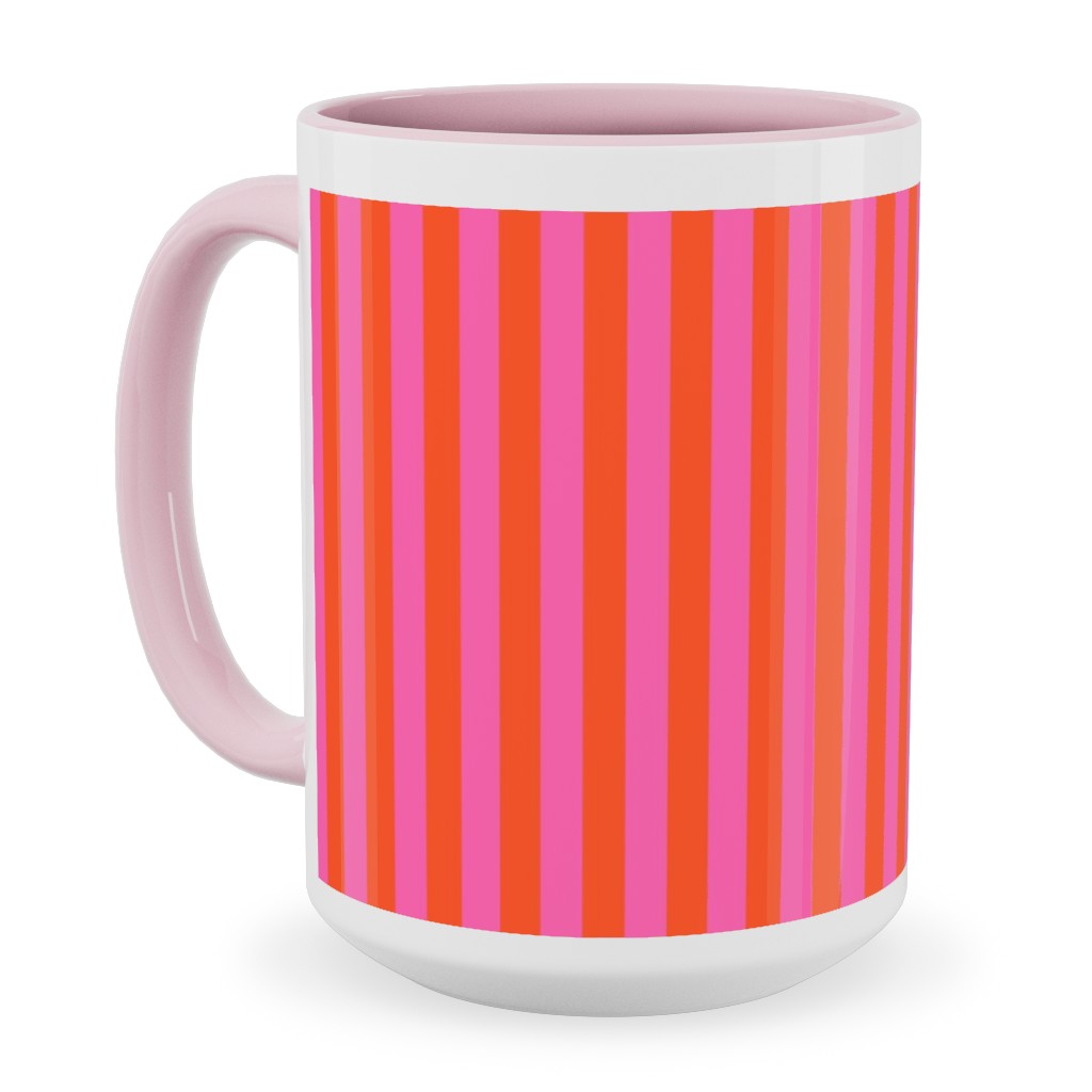 Piccadilly Pinstripes in Mod - Orange and Pink Ceramic Mug, Pink, , 15oz, Pink, Bright Pink