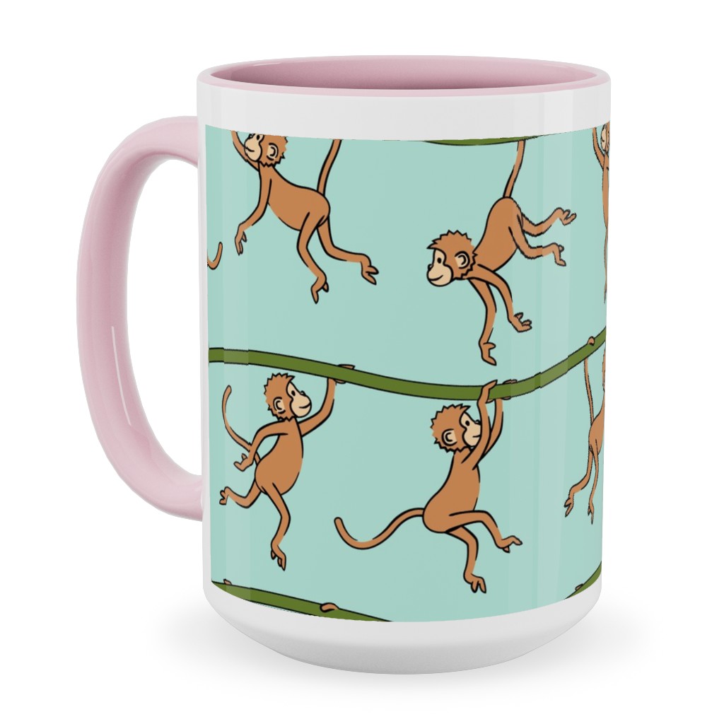 Swinging Monkeys Ceramic Mug, Pink,  , 15oz, Green