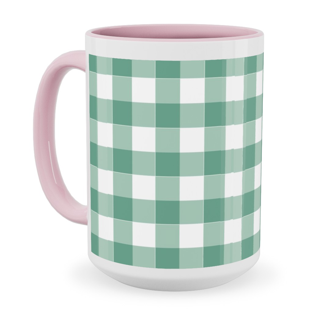 Simple Gingham Ceramic Mug, Pink, , 15oz, Green, Desert Green