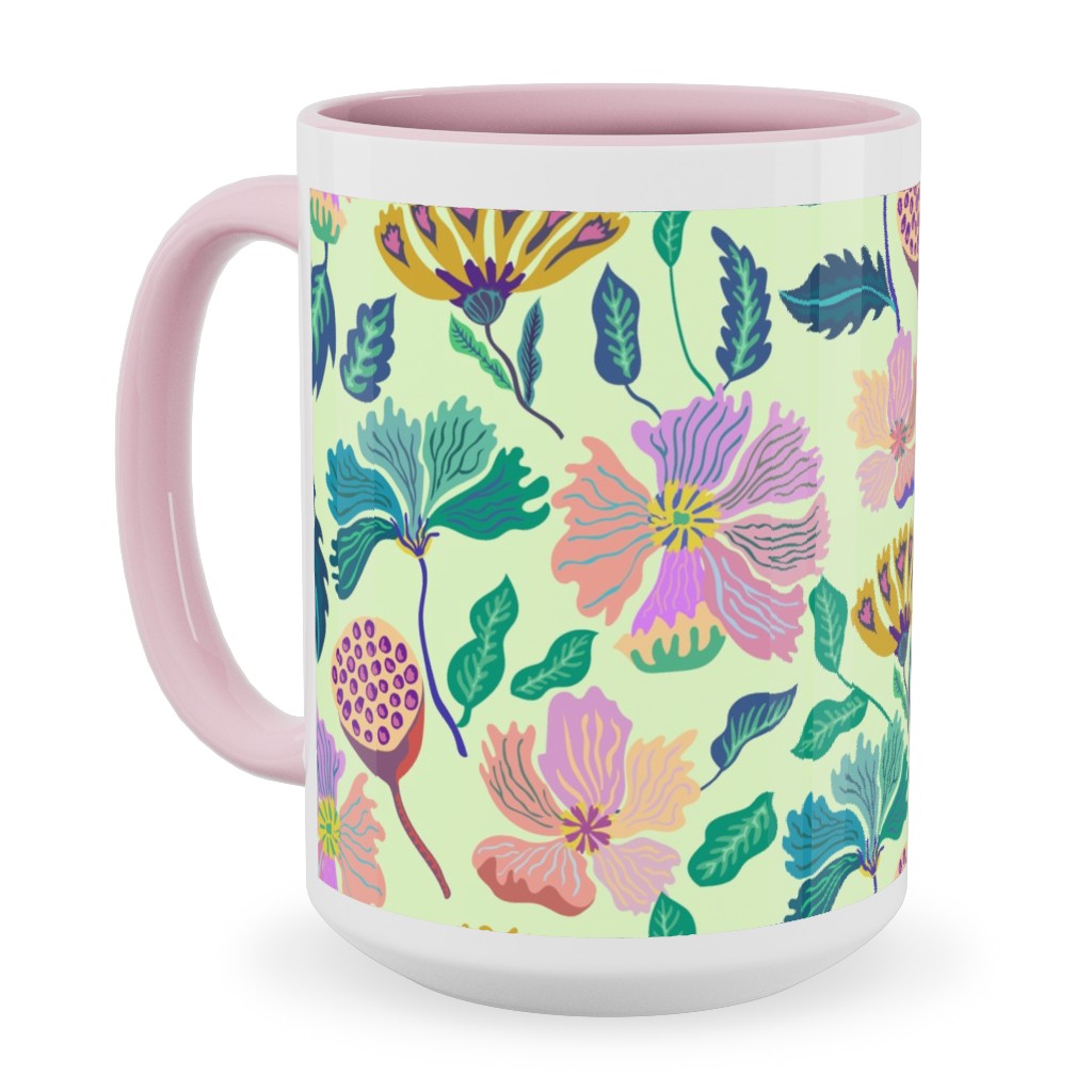 Indian Florals - Light Green Ceramic Mug, Pink, , 15oz, Multicolor