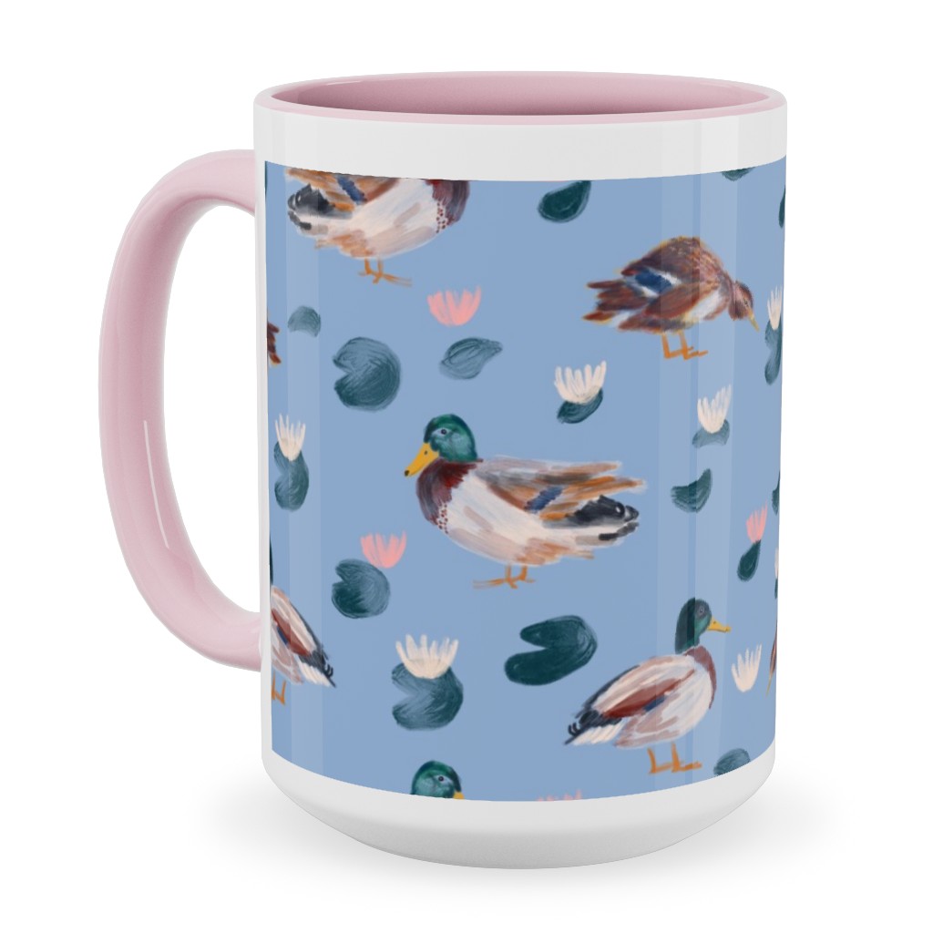 Mallard Ducks Ceramic Mug, Pink, , 15oz, Blue, Blue Pearl