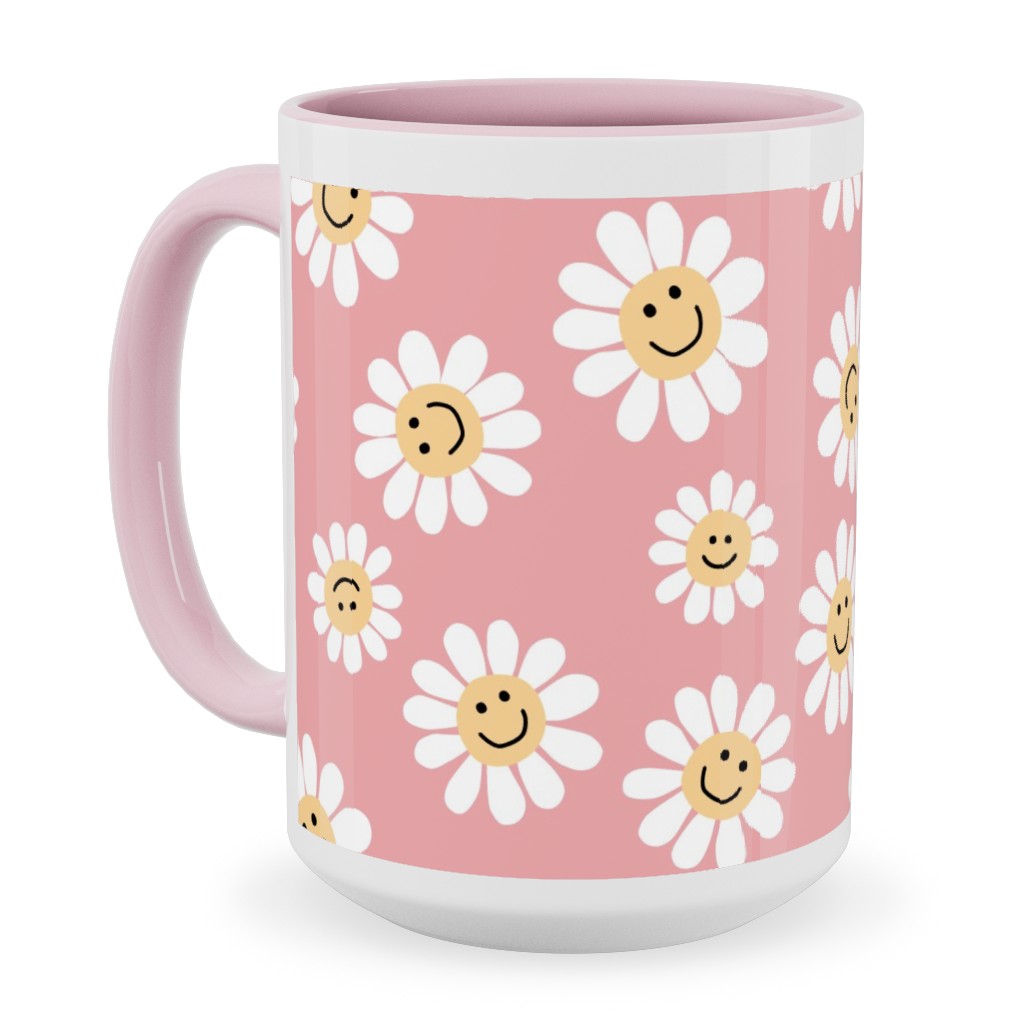 Smiley Daisy Flowers - Pink Ceramic Mug, Pink, , 15oz, Pink, Bright Pink