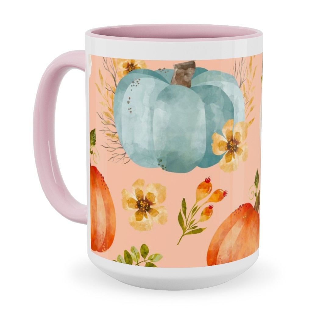Rustic Farmhouse Pumpkins on Pale Peach Ceramic Mug, Pink, , 15oz, Orange, Orange