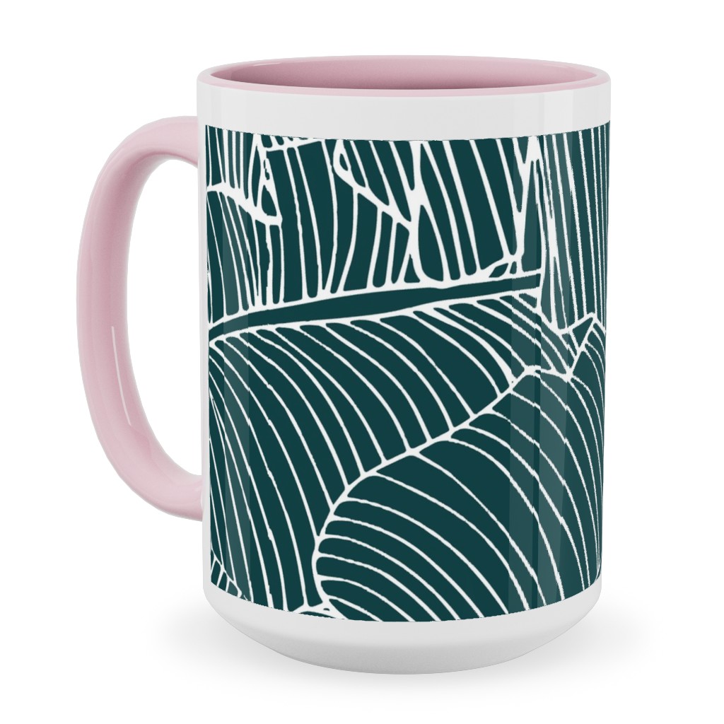 Banana Leaf - Teal Ceramic Mug, Pink,  , 15oz, Green