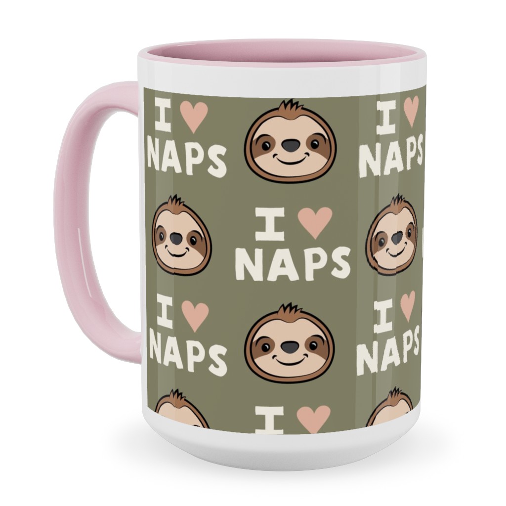 I Heart Naps - Cute Sloths - Olive Green Ceramic Mug, Pink,  , 15oz, Green